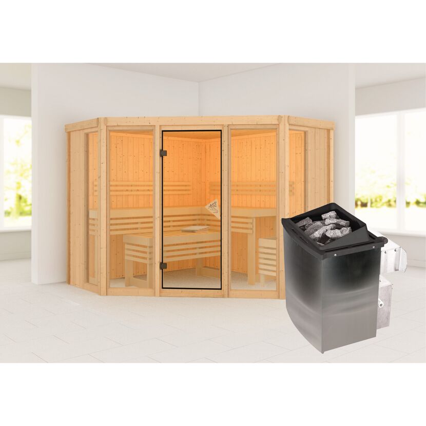Sauna 'Aurelia 2' naturbelassen mit bronzierter Tür 9 kW Ofen integrierte Steuerung 231 x 231 x 198 cm