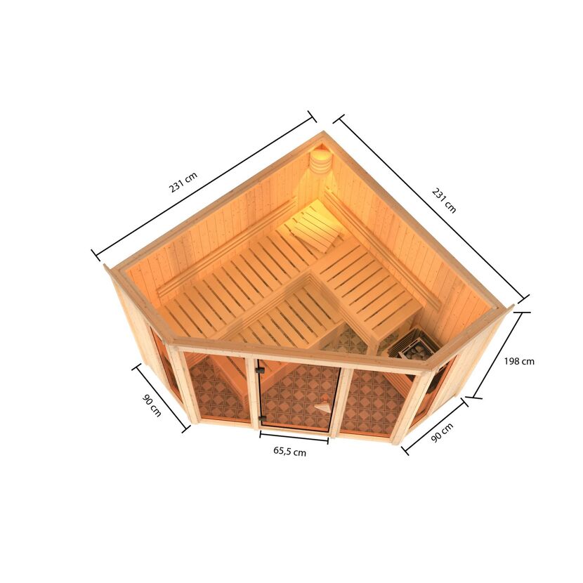 Sauna 'Aurelia 2' naturbelassen mit bronzierter Tür 9 kW Ofen integrierte Steuerung 231 x 231 x 198 cm