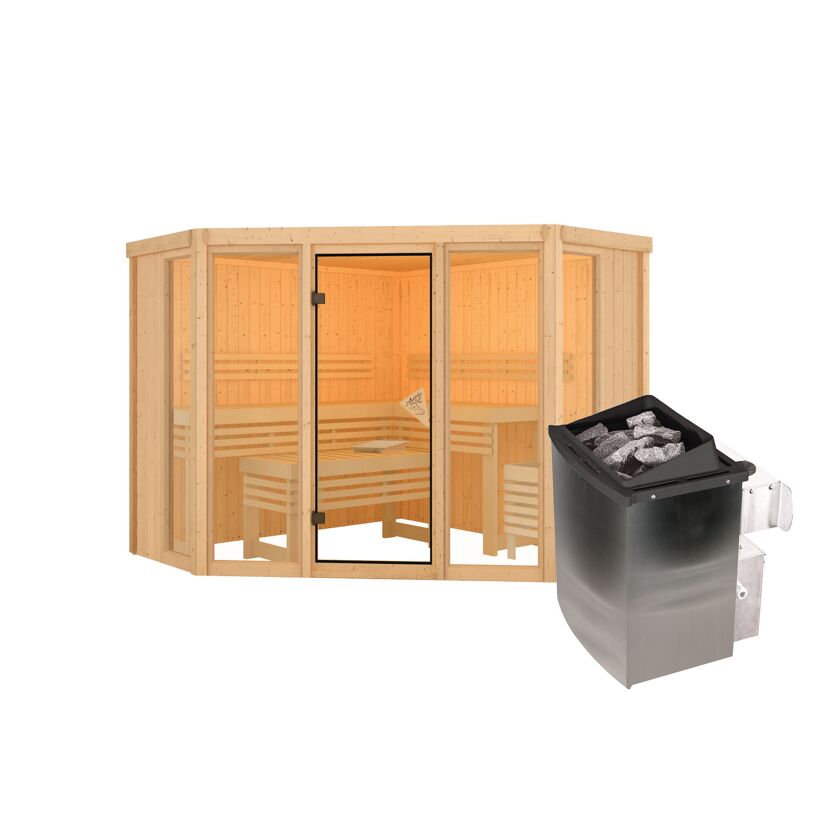Sauna 'Aurelia 2' naturbelassen mit bronzierter Tür 9 kW Ofen integrierte Steuerung 231 x 231 x 198 cm