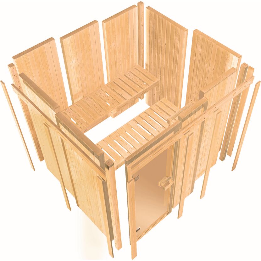 Sauna 'Aurelia 2' naturbelassen mit bronzierter Tür 9 kW Ofen integrierte Steuerung 231 x 231 x 198 cm