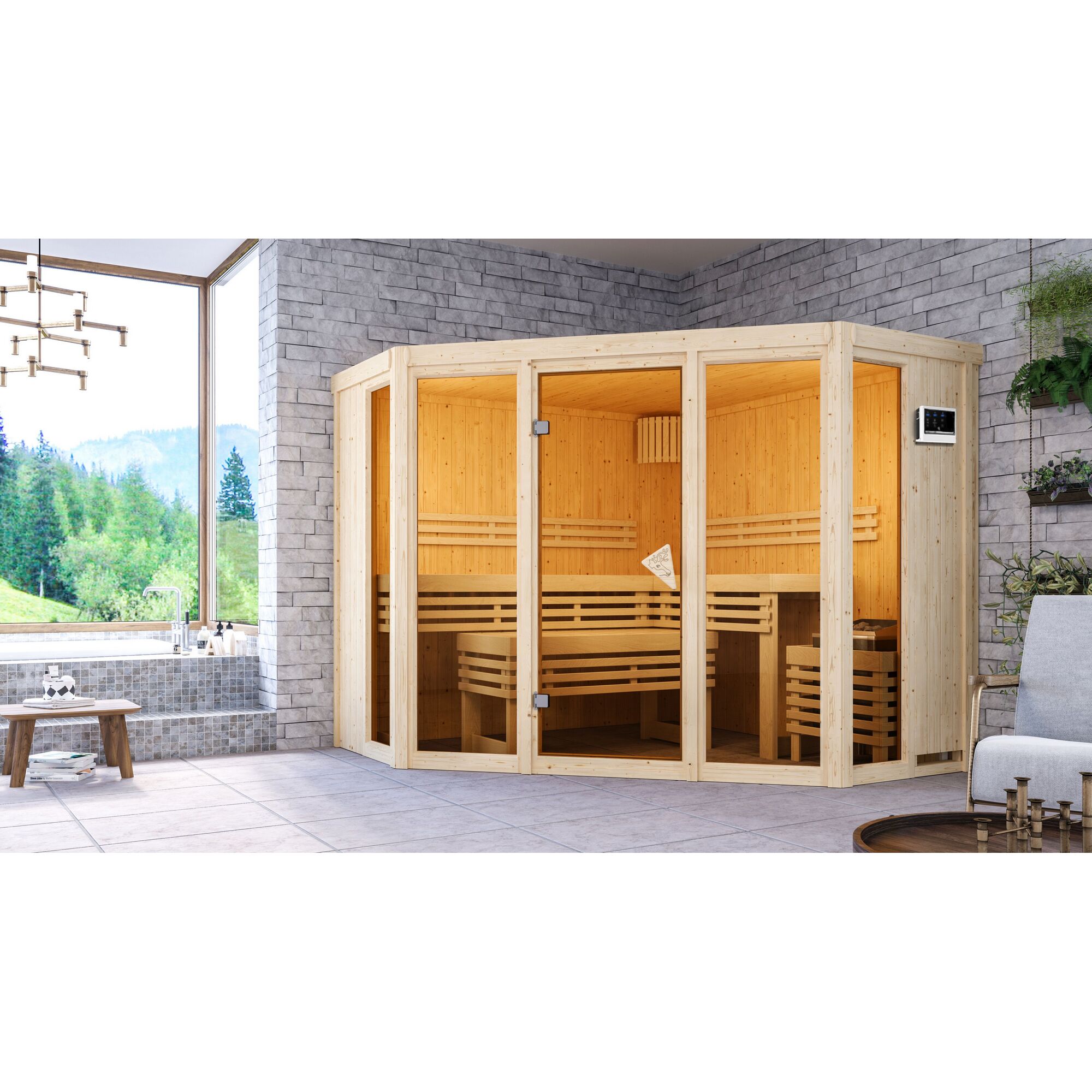 Ecksauna aus hellem Holz in einem Badezimmer.