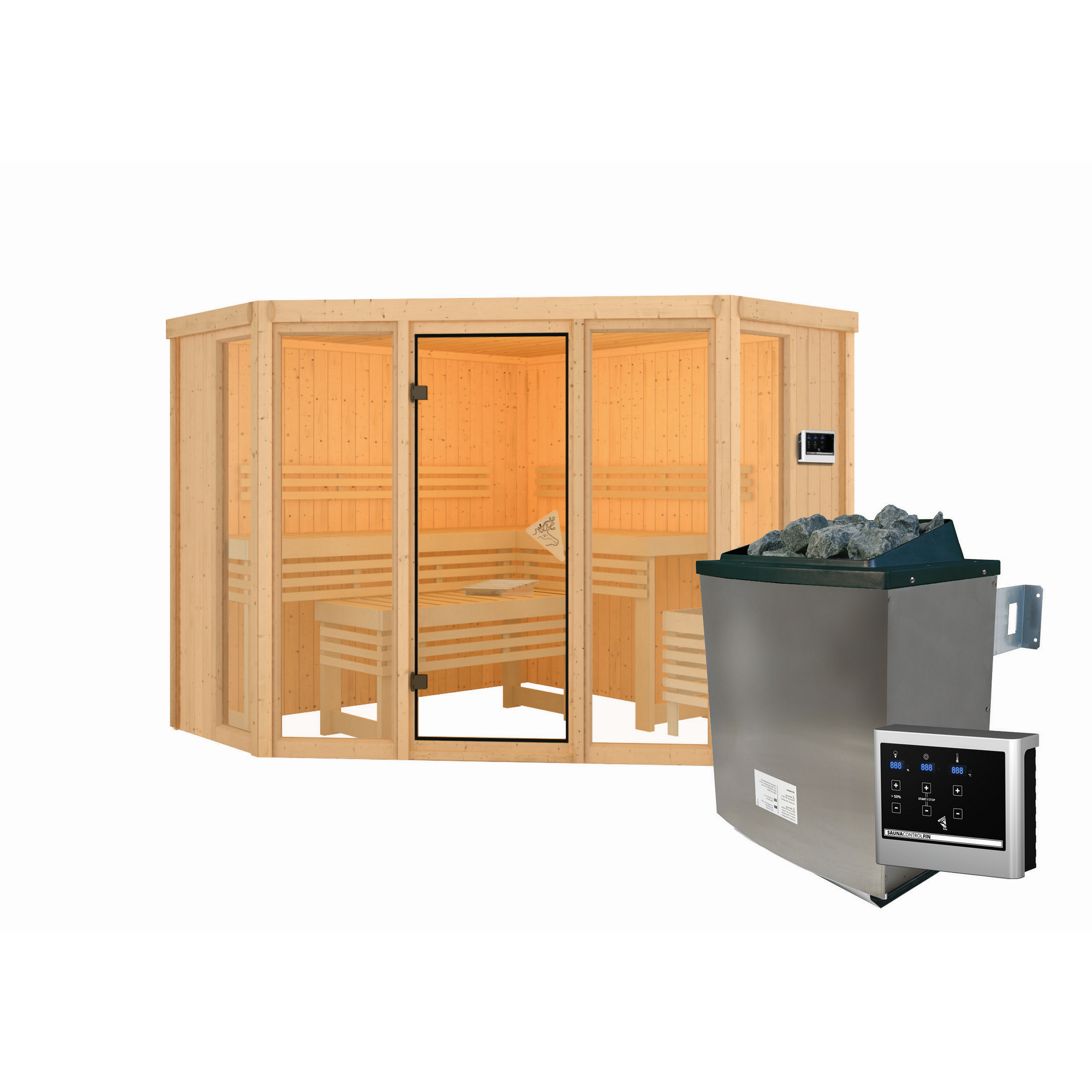 Sauna 'Aurelia 2' naturbelassen mit bronzierter Tür 9 kW Ofen externe Steuerung 231 x 231 x 198 cm + product picture