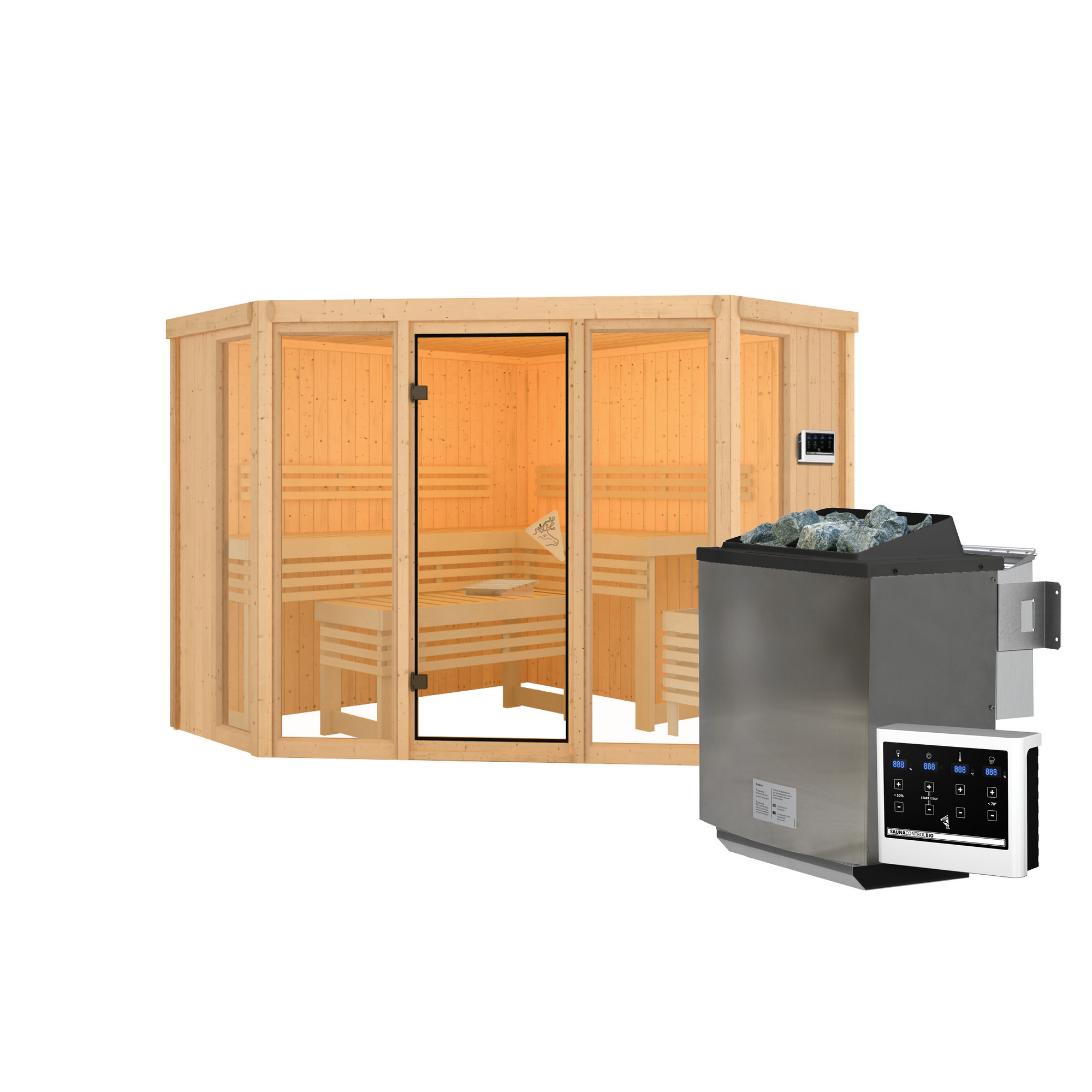 Sauna 'Aurelia 2' naturbelassen mit bronzierter Tür 9 kW Bio-Ofen mit externe Steuerung 231 x 231 x 198 cm + product picture