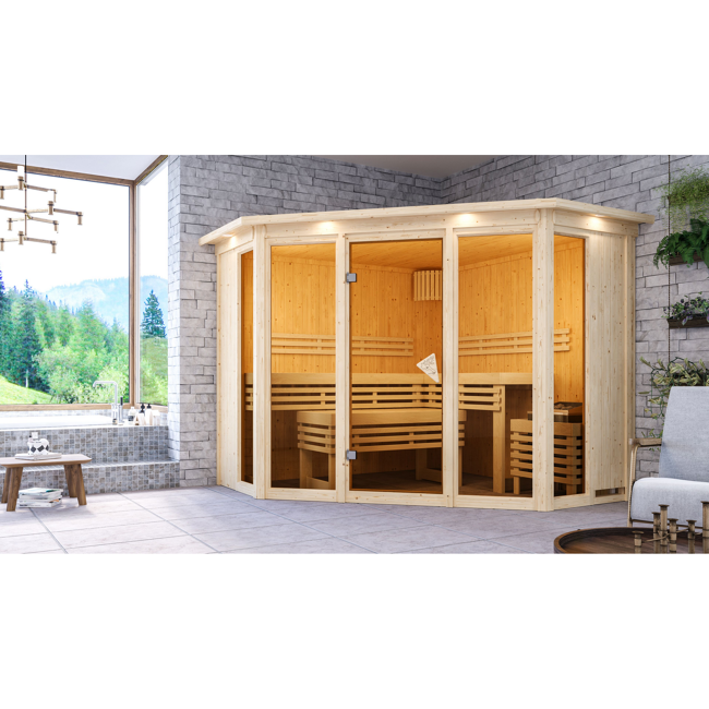 Bild von Sauna 'Aurelia 2' naturbelassen mit Kranz und bronzierter Tür 245 x 245 x 202 cm