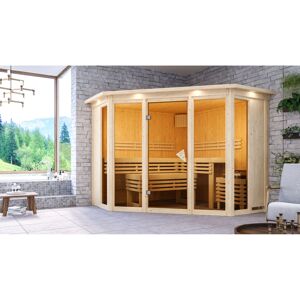 Sauna 'Aurelia 2' naturbelassen mit Kranz und bronzierter Tür 9 kW Ofen integrierte Steuerung 245 x 245 x 202 cm