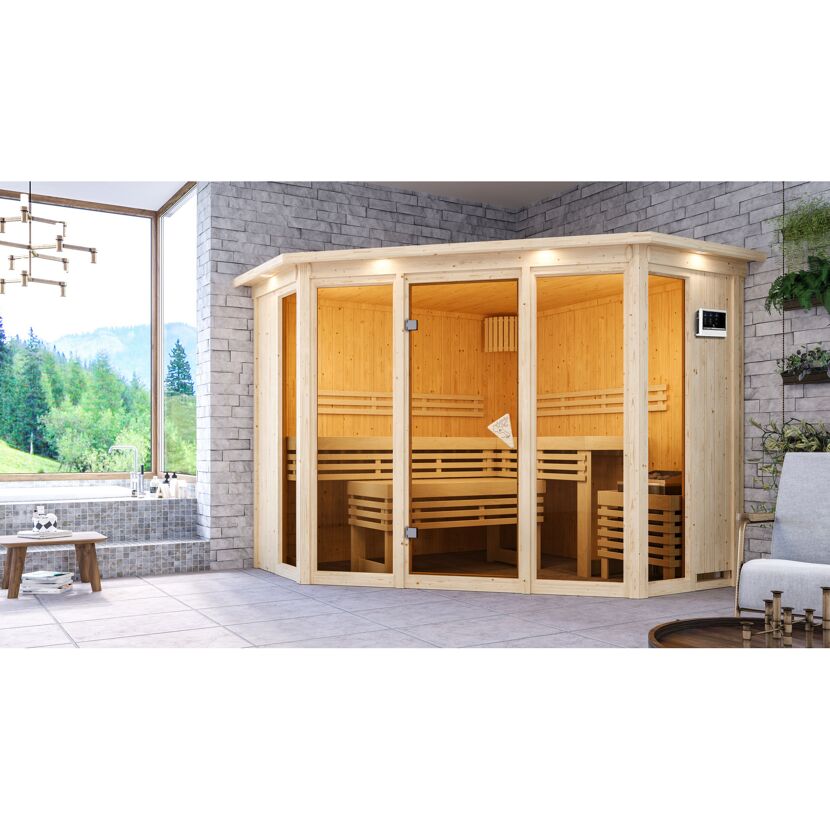 Ecksauna aus hellem Holz in einem Badezimmer