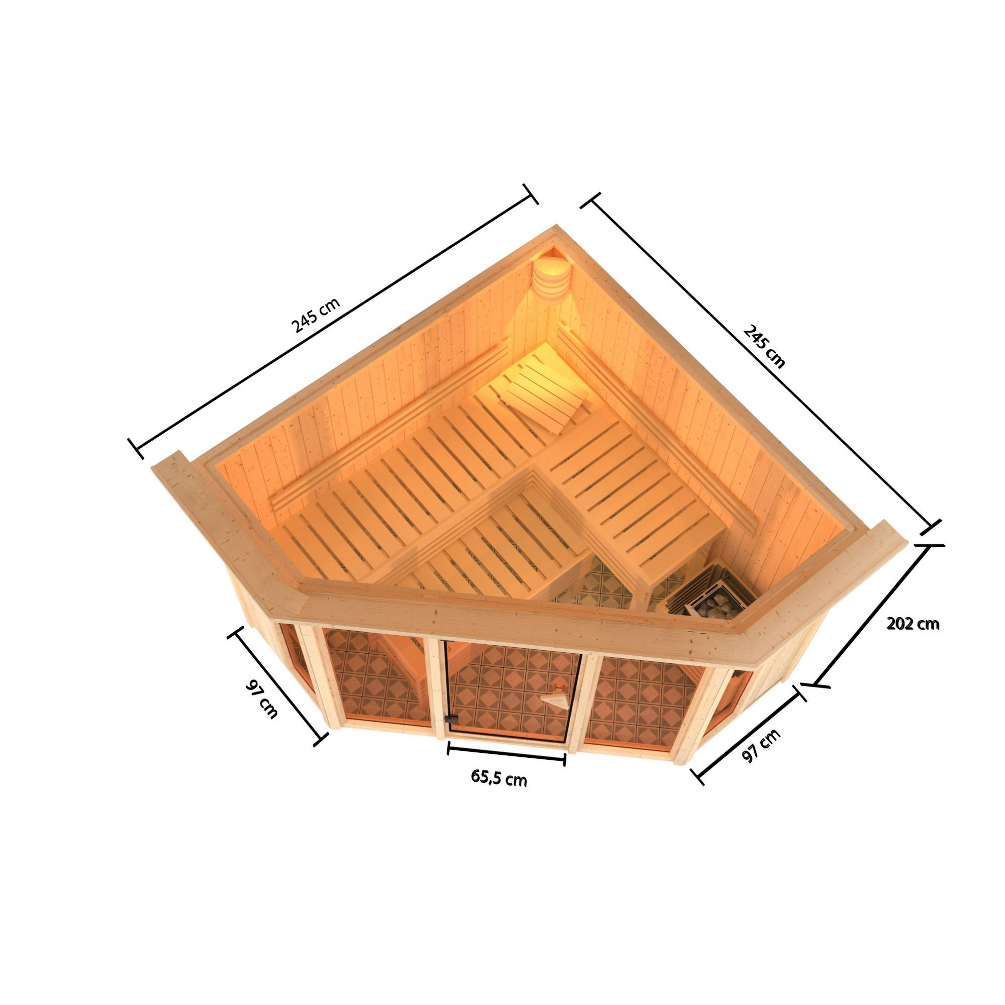 Sauna 'Aurelia 2' naturbelassen mit Kranz und bronzierter Tür 9 kW Ofen externe Steuerung 245 x 245 x 202 cm + product picture