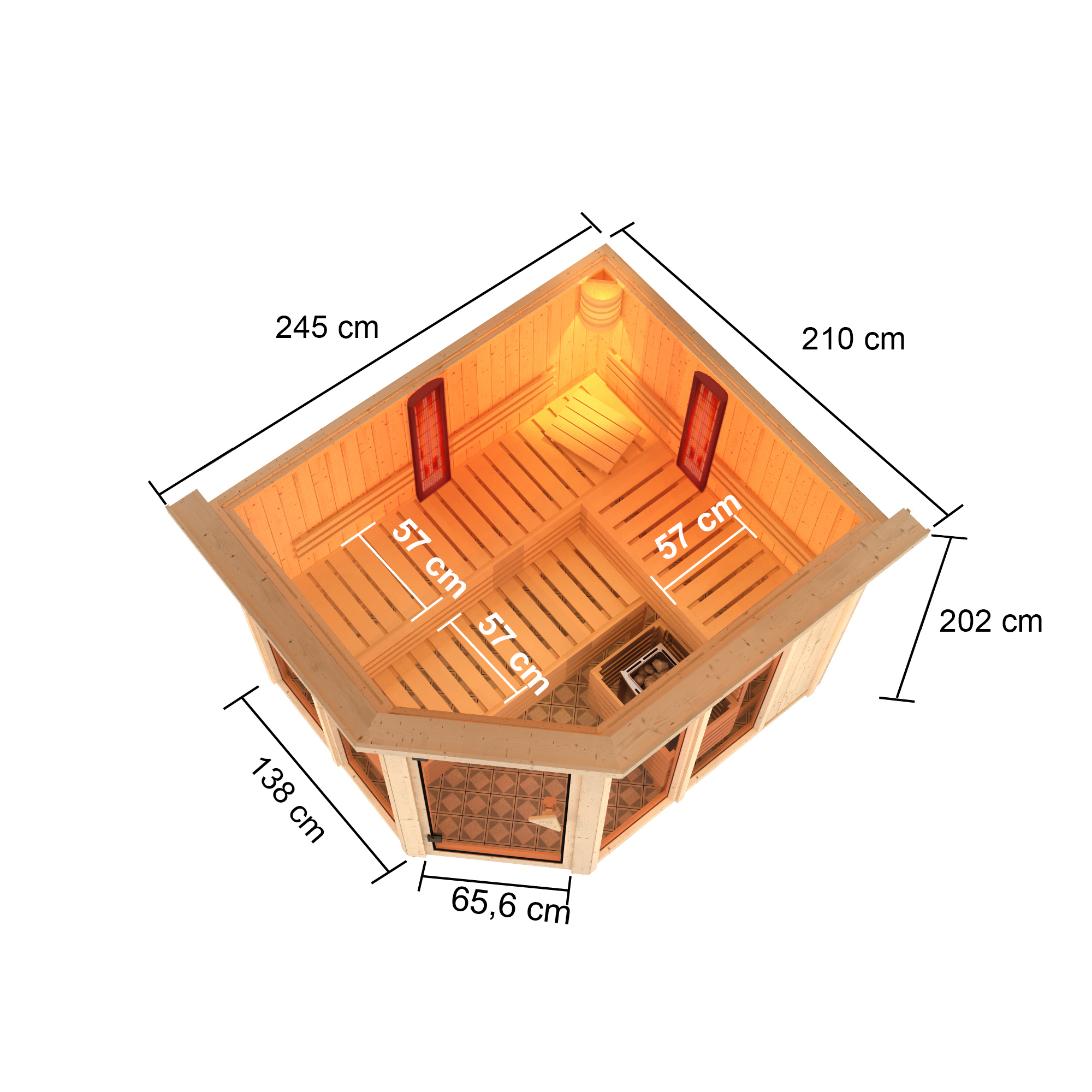 Infrarotkabine 'Alejandra' naturbelassen mit Kranz und bronzierter Tür 9 kW Ofen externe Steuerung 245 x 210 x 202 cm + product picture