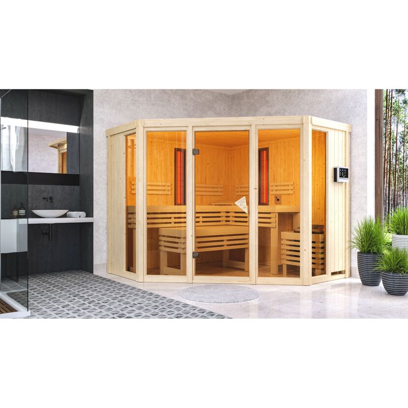 Infrarotkabine 'Aya' naturbelassen mit bronzierter Tür 9 kW Ofen externe Steuerung 231 x 231 x 198 cm