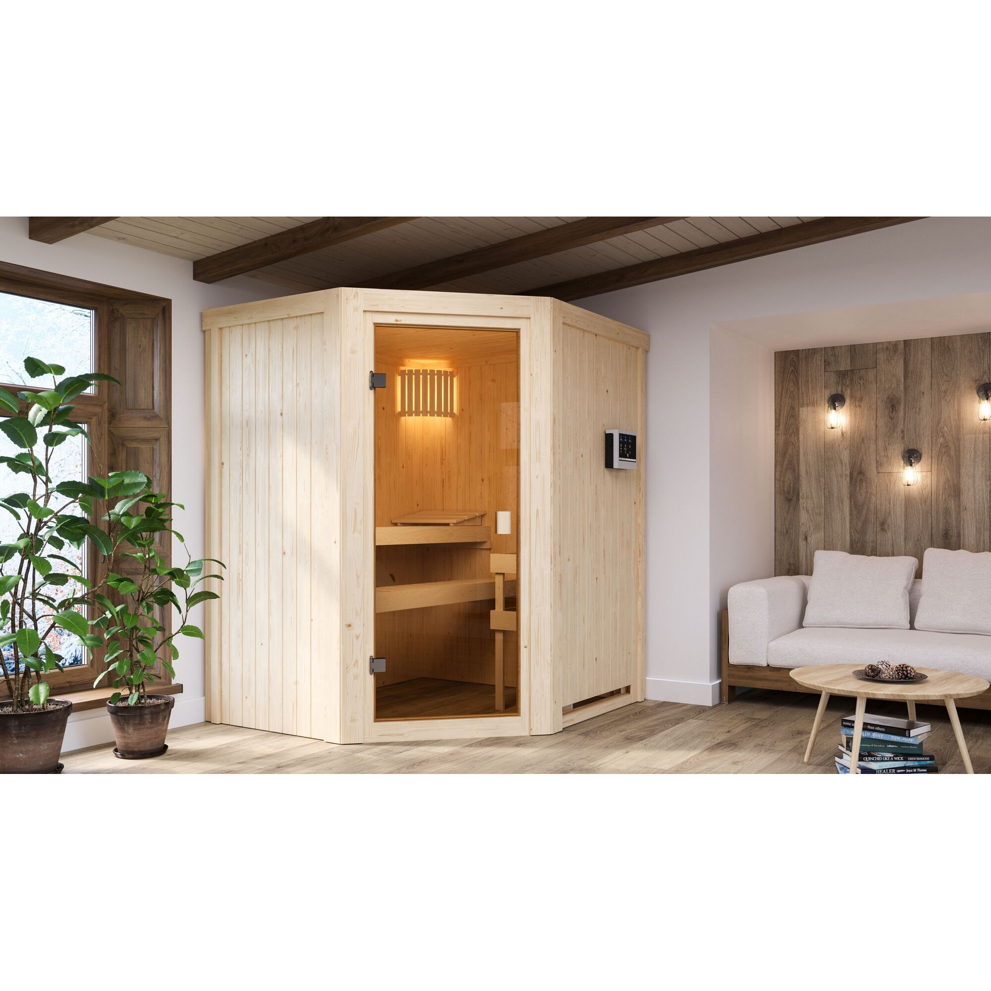 Ecksauna aus hellem Holz mit Glastür in einem Wohnzimmer.