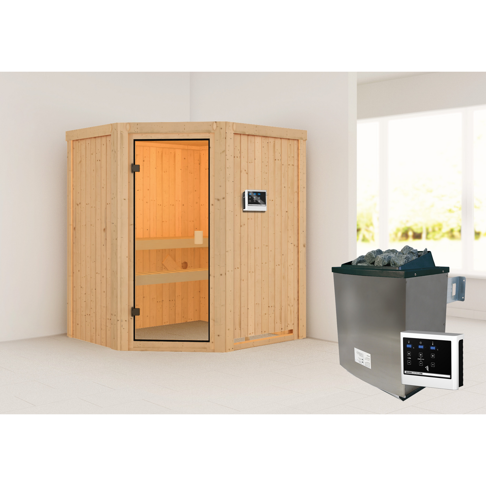 Elementsauna 'Beatriz' naturbelassen 9 kW Ofen externe Steuerung 170 x 151 x 198 cm + product picture