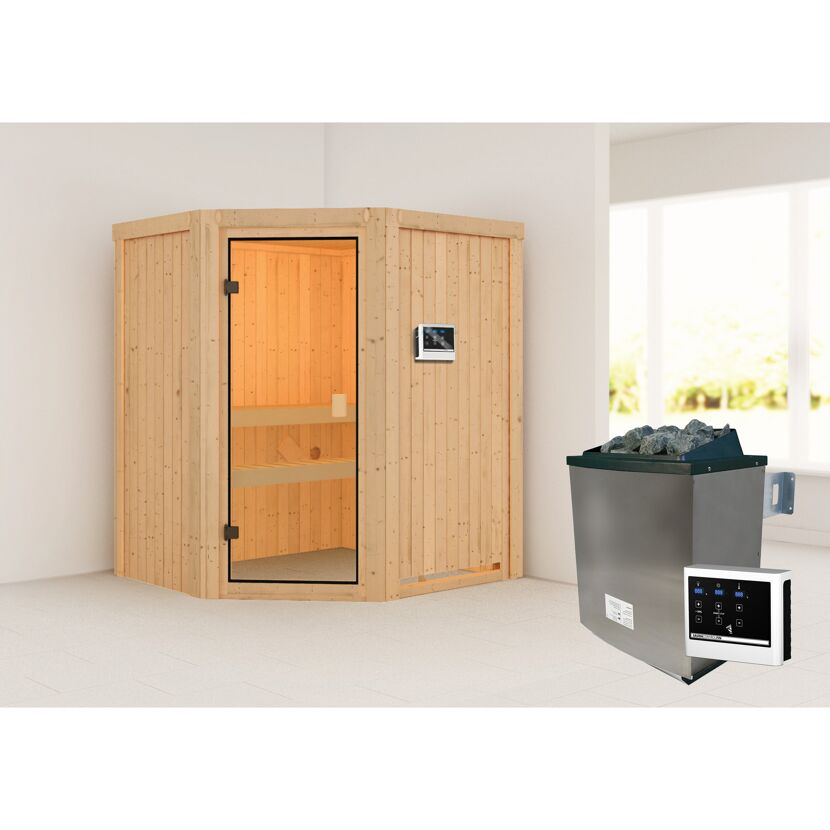 Ecksauna aus hellem Holz mit Saunaofen