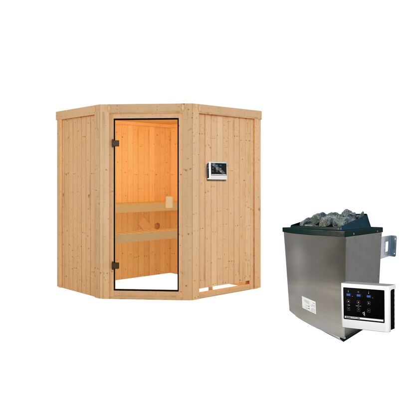 Eck-Sauna aus Holz mit Saunaofen