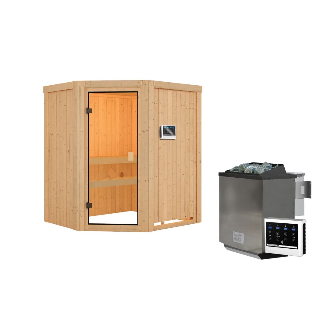 Ecksauna aus Holz mit Saunaofen und Steuerung