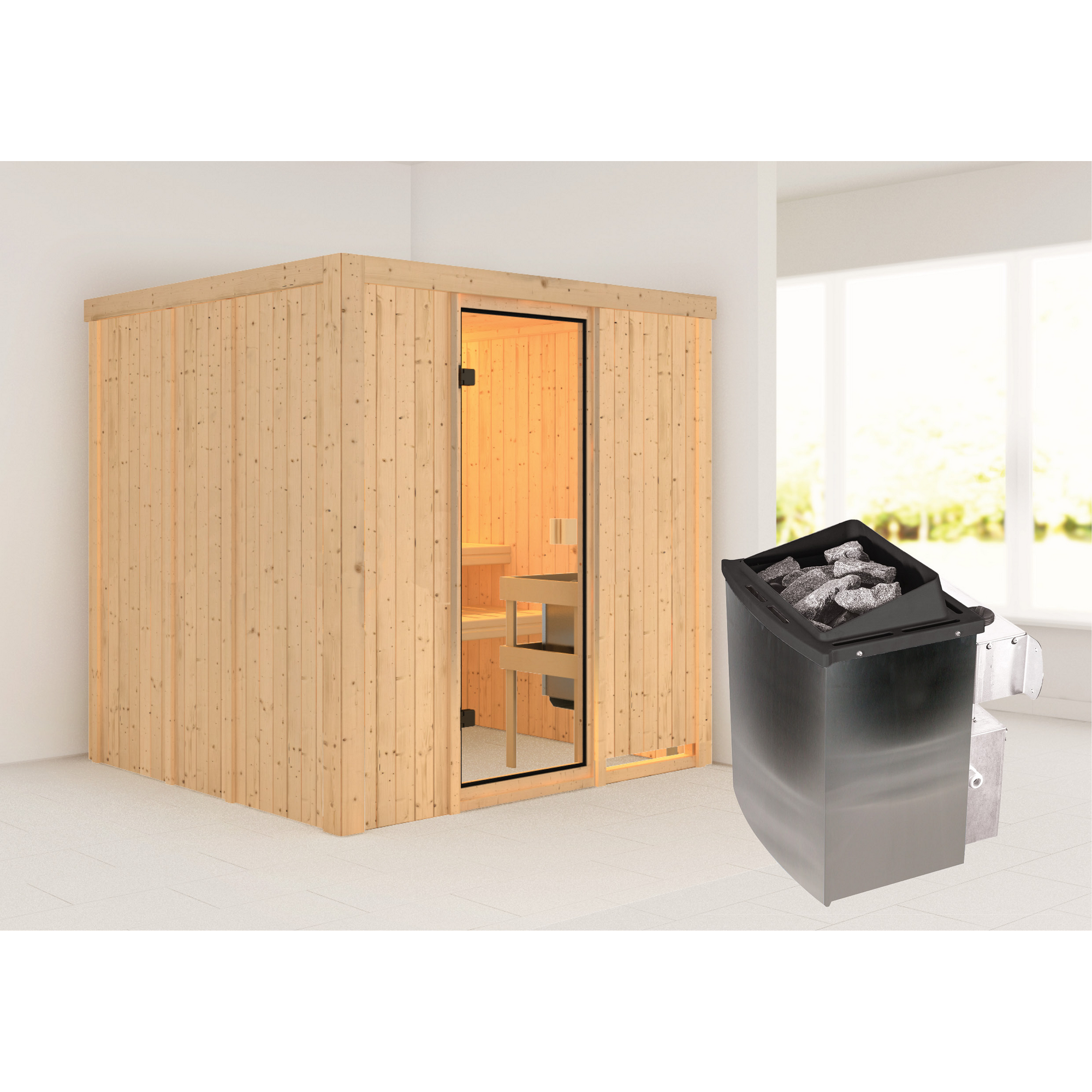 Elementsauna 'Belinda' naturbelassen 9 kW Ofen integrierte Steuerung 196 x 178 x 198 cm + product picture