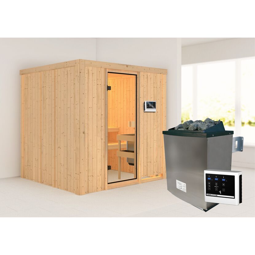 Saunakabine Belinda aus hellem Holz mit Saunaofen