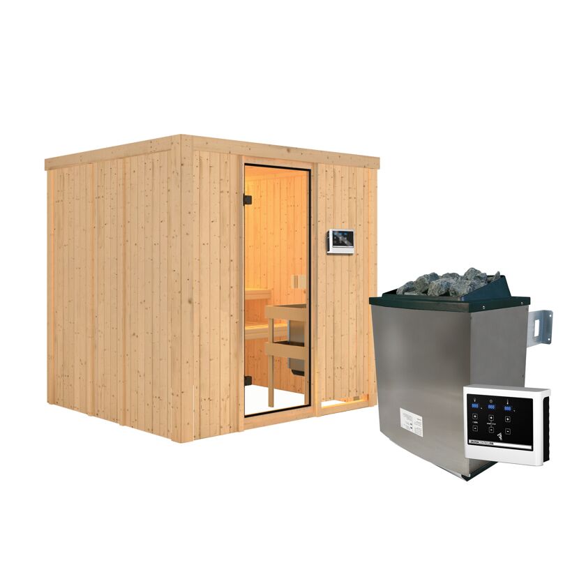Sauna aus hellem Holz mit Saunaofen