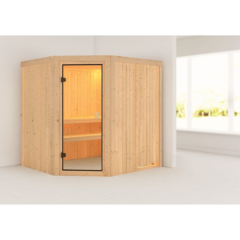Ecksauna aus Holz mit geöffneter Tür.
