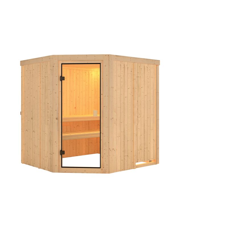 Eck-Sauna aus hellem Holz mit geöffneter Tür.