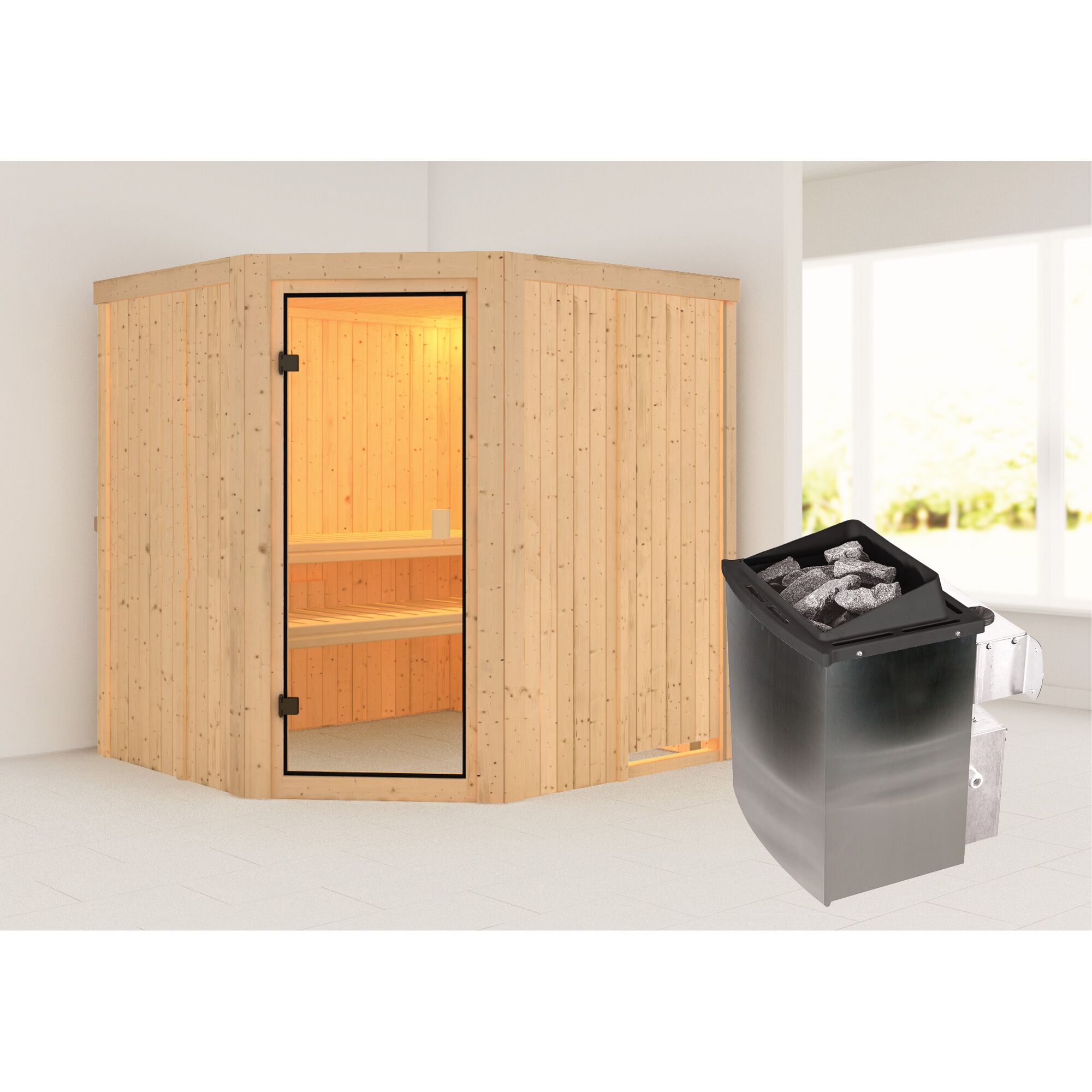 Ecksauna aus Holz mit Saunaofen