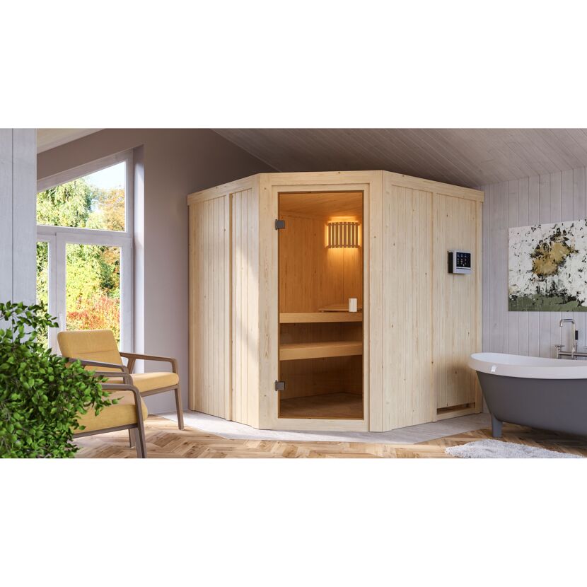 Ecksauna aus hellem Holz in einem Badezimmer