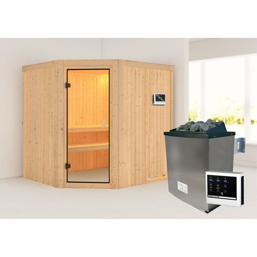 Ecksauna aus Holz mit Saunaofen und Steuerung