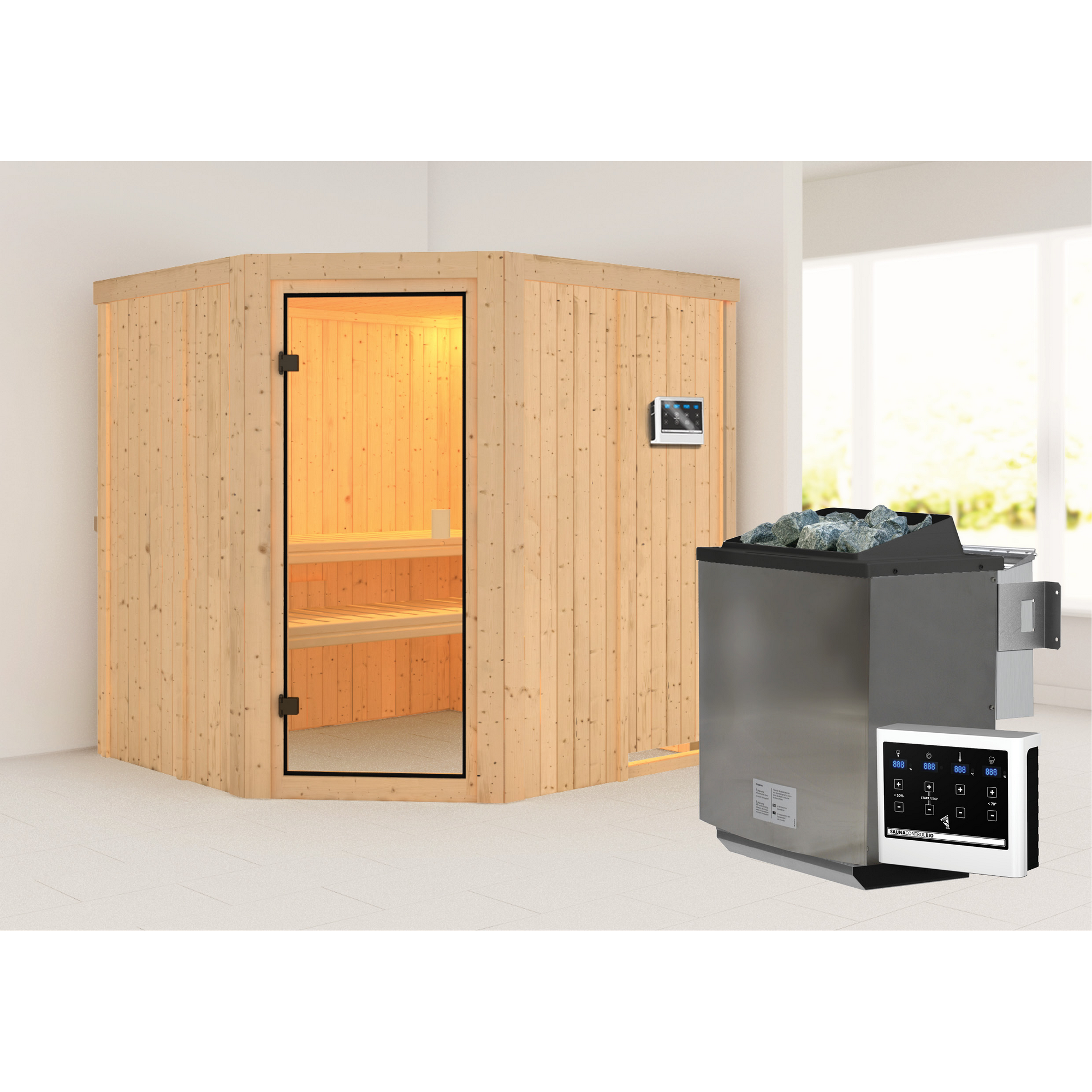 Elementsauna 'Berta' naturbelassen mit bronzierter Tür 9 kW Bio-Ofen mit externe Steuerung 196 x 178 x 198 cm + product picture