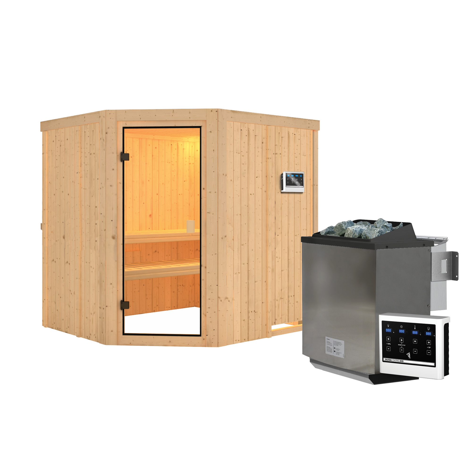 Elementsauna 'Berta' naturbelassen mit bronzierter Tür 9 kW Bio-Ofen mit externe Steuerung 196 x 178 x 198 cm + product picture