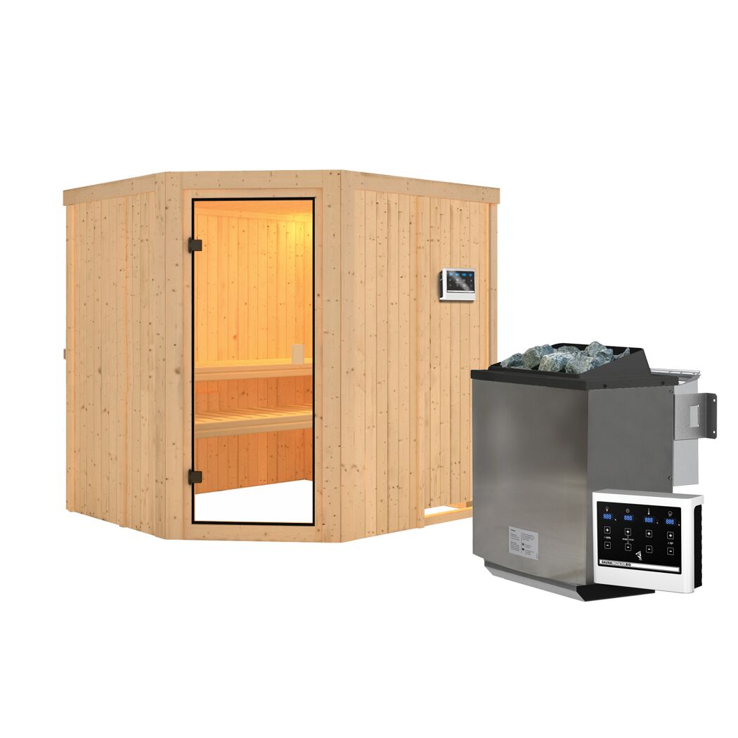 Elementsauna 'Berta' naturbelassen mit bronzierter Tür 9 kW Bio-Ofen mit externe Steuerung 196 x 178 x 198 cm