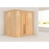 Sauna aus hellem Holz mit geöffneter Tür