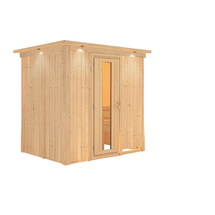 Außenansicht Sauna aus hellem Holz