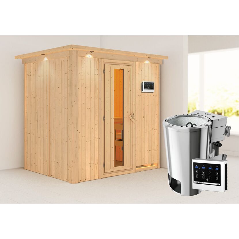 Sauna aus hellem Holz mit Saunaofen