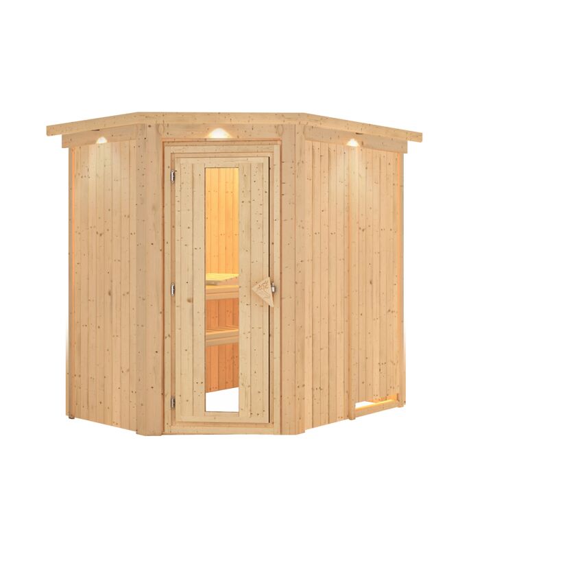 Eck-Sauna aus hellem Holz mit geöffneter Tür