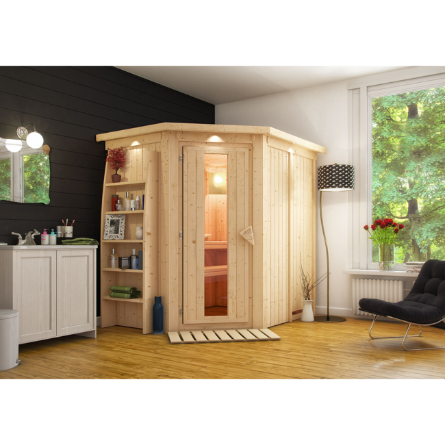 Bild von Energiespar-Elementsauna 'Estella' naturbelassen 3,6 kW Ofen integrierte Steuerung 210 x 165 x 202 cm
