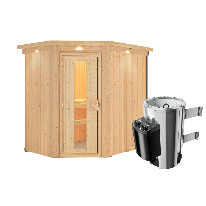 Eck-Sauna aus Holz mit Saunaofen