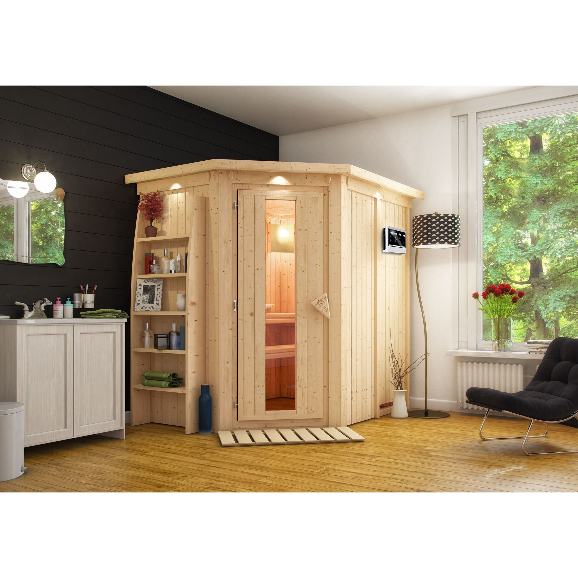 Eck-Sauna aus hellem Holz in einem Badezimmer