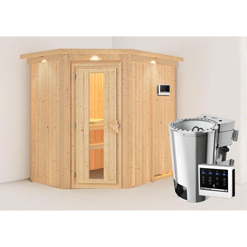 Eck-Sauna aus Holz mit Saunaofen