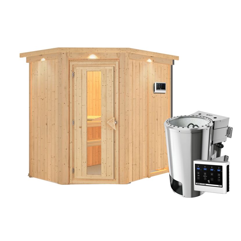 Eck-Sauna aus hellem Holz mit Saunaofen