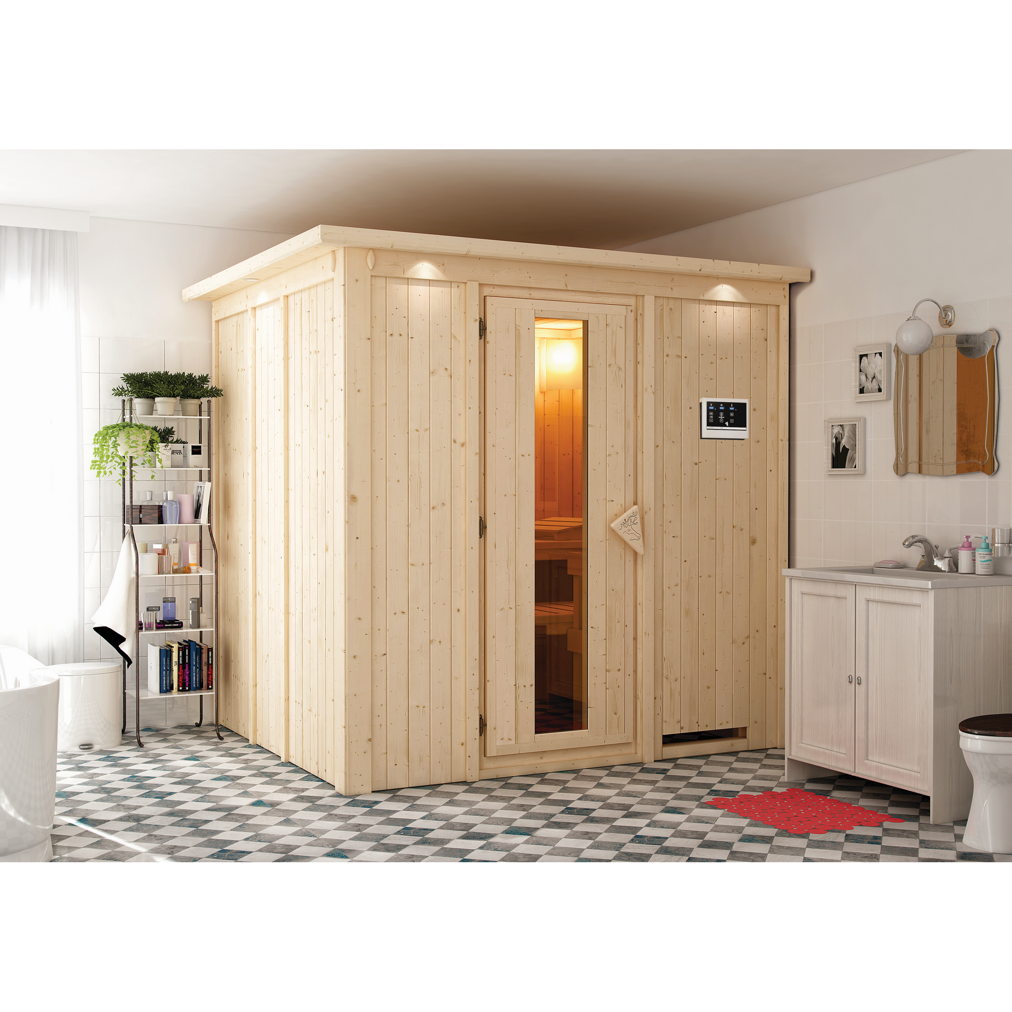 Elementsauna 'Esther' naturbelassen mit Kranz 3,6 kW Ofen externe Steuerung Modern 210 x 184 x 202 cm