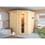 Eck-Sauna aus hellem Holz in einem Badezimmer