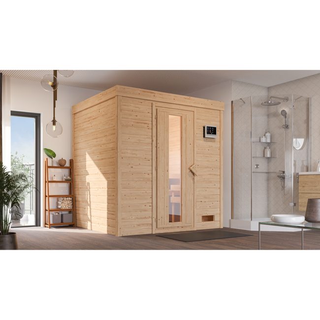 Bild von Massivholzsauna 'Lucia' naturbelassen 3,6 kW Ofen externe Steuerung 196 x 170 x 208 cm