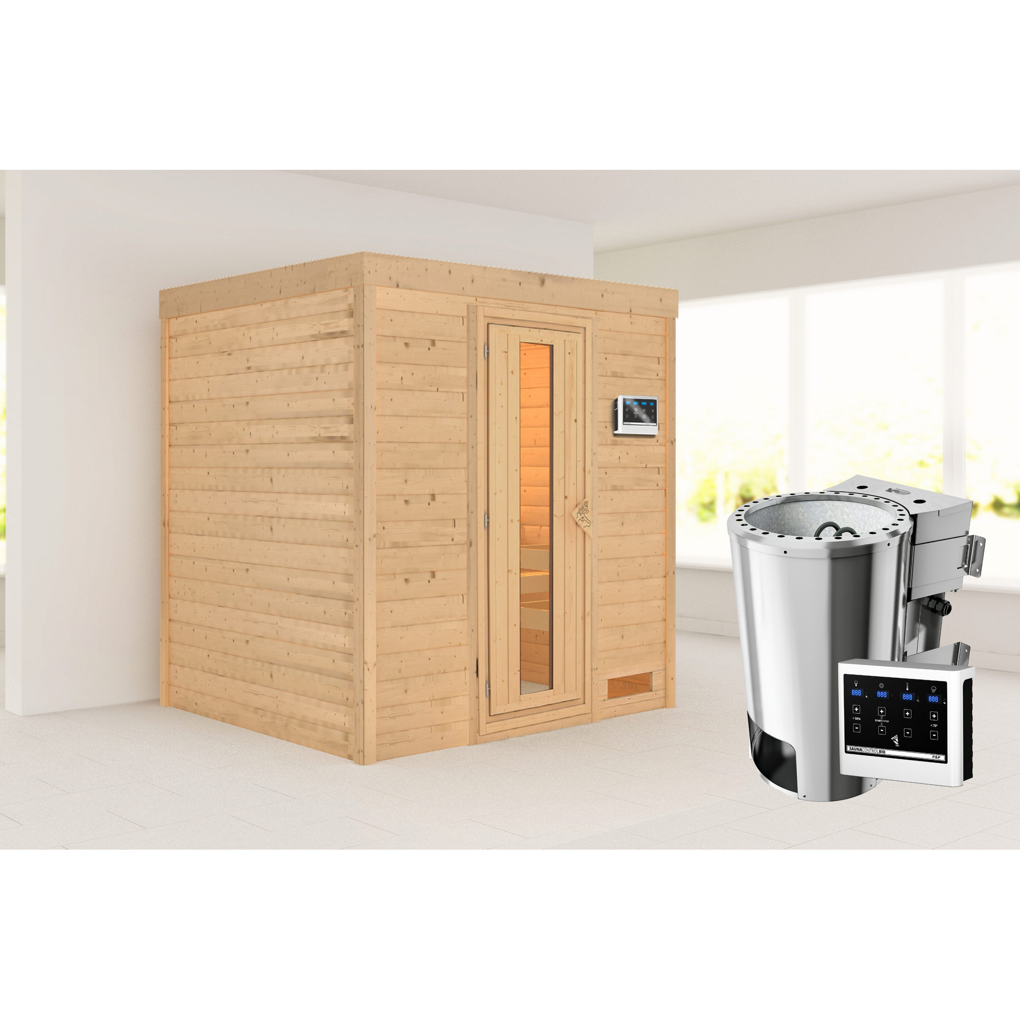 Massivholzsauna 'Lucia' naturbelassen 3,6 kW Ofen Bio externe Steuerung 196 x 170 x 208 cm