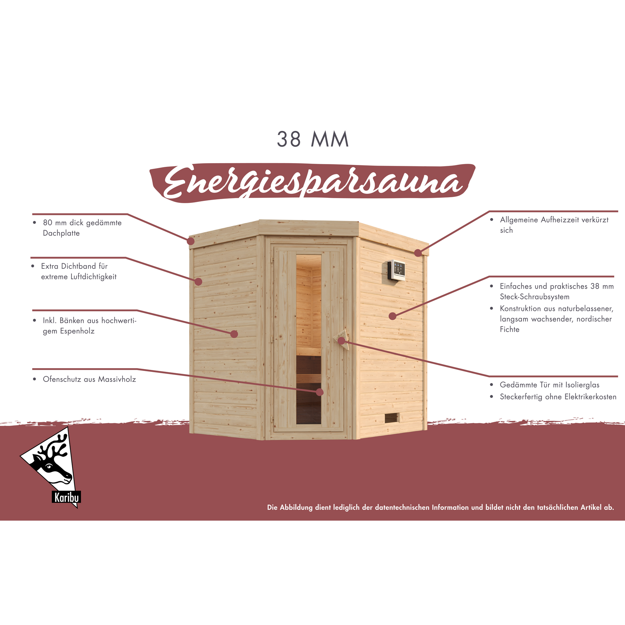 Massivholzsauna 'Lucia' naturbelassen 3,6 kW Ofen Bio externe Steuerung 196 x 170 x 208 cm