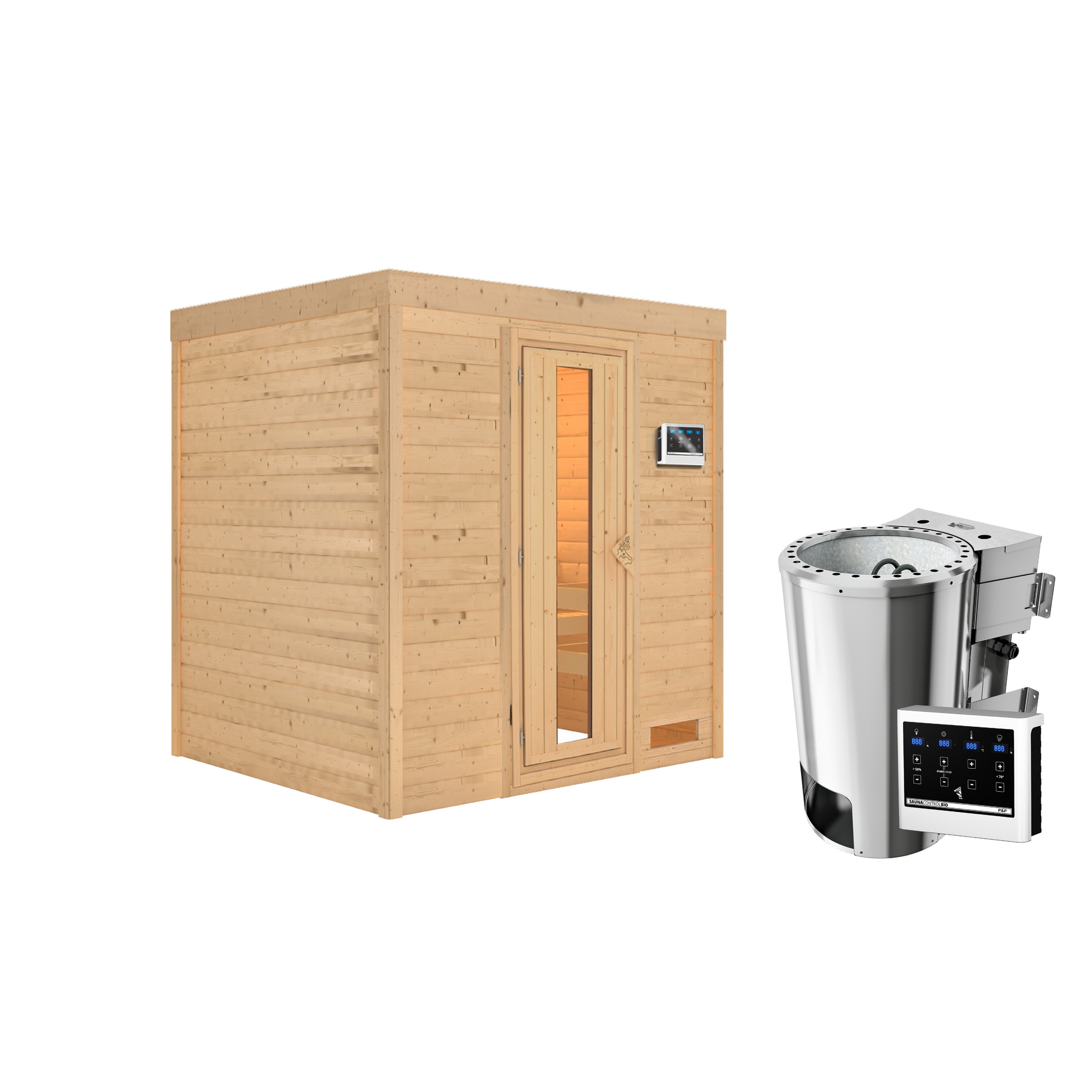 Massivholzsauna 'Lucia' naturbelassen 3,6 kW Ofen Bio externe Steuerung 196 x 170 x 208 cm