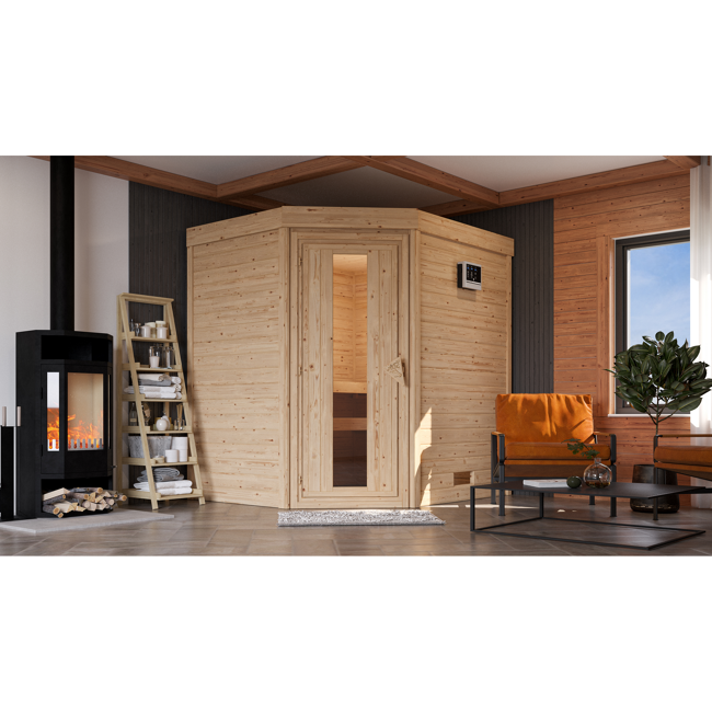 Bild von Massivholzsauna 'Aurora' naturbelassen 3,6 kW Ofen externe Steuerung 196 x 170 x 208 cm