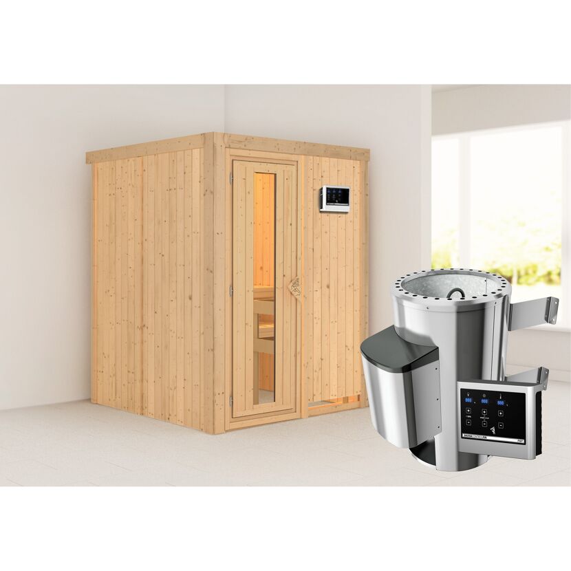 Sauna aus hellem Holz mit Saunaofen