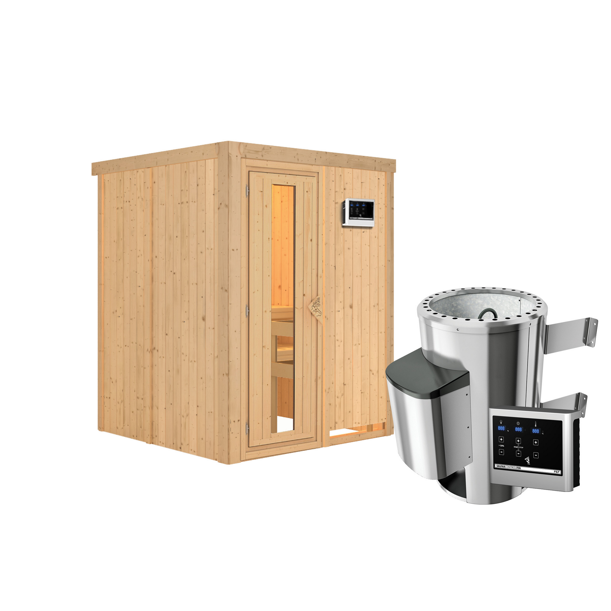 Elementsauna 'Paula' naturbelassen mit Energiespartür 3,6 kW Ofen externe Steuerung Easy 151 x 151 x 198 cm + product picture