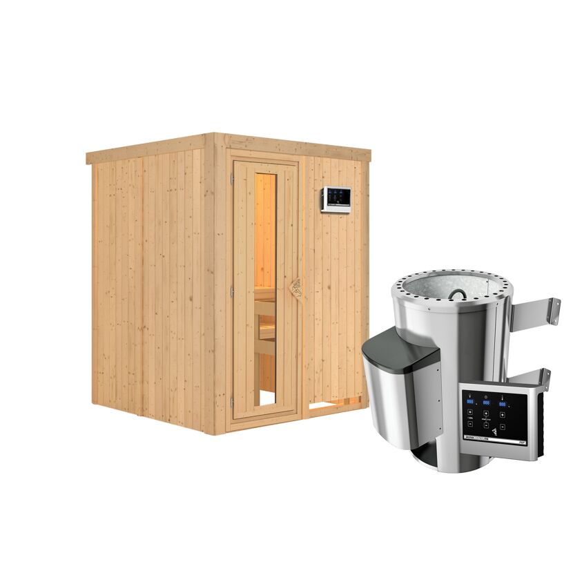 Sauna aus Holz mit Saunaofen