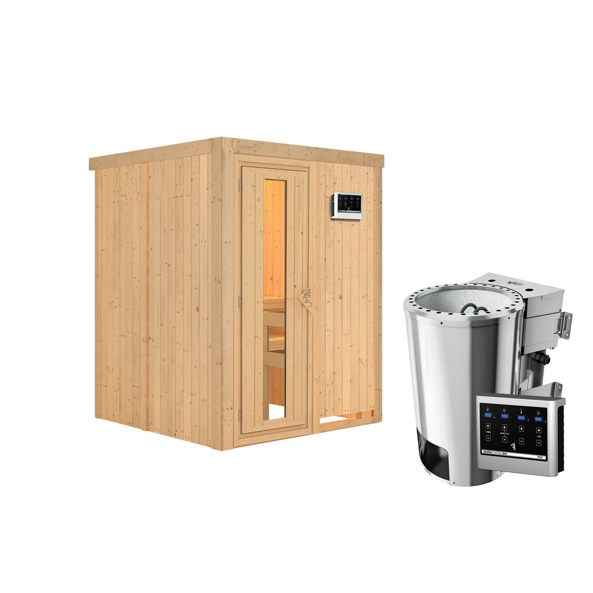 Sauna aus hellem Holz mit Saunaofen
