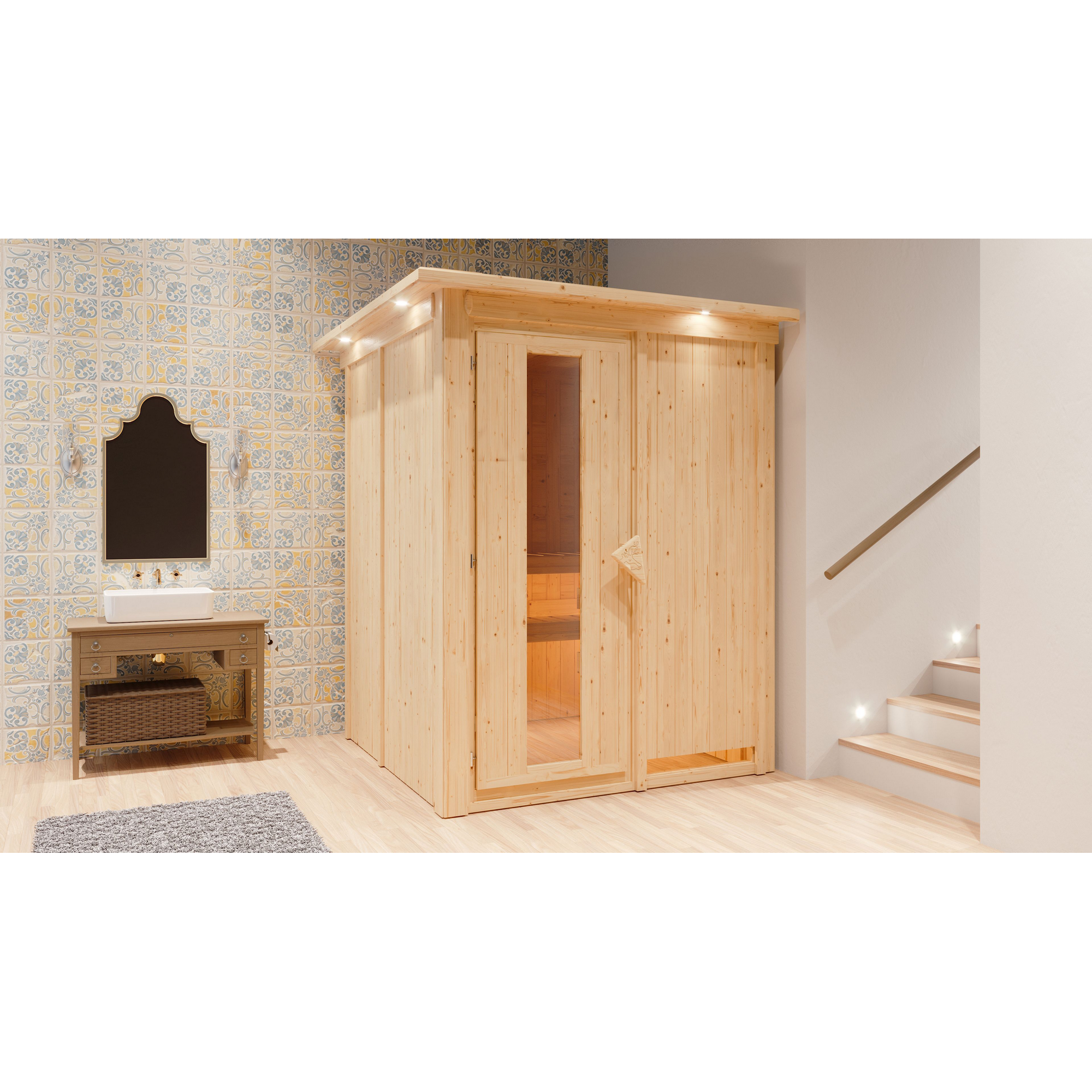 Elementsauna 'Paula' naturbelassen mit Kranz und Energiespartür 165 x 165 x 202 cm + product picture